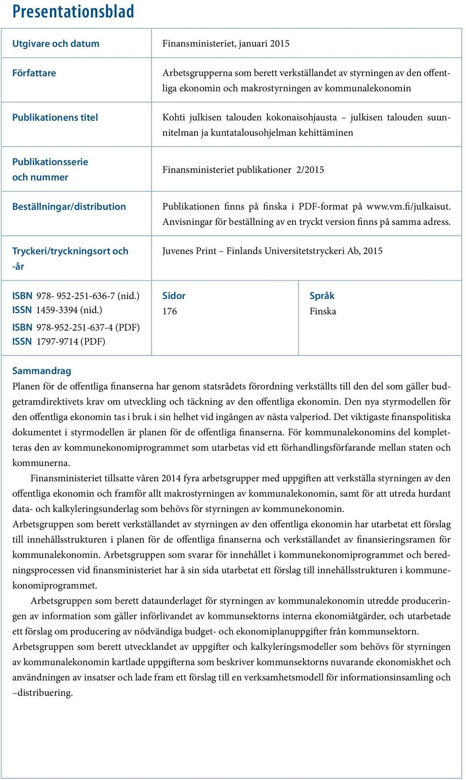 publikationer 2/2015 Beställningar/distribution Publikationen finns på finska i PDF-format på www.vm.fi/julkaisut. Anvisningar för beställning av en tryckt version finns på samma adress.