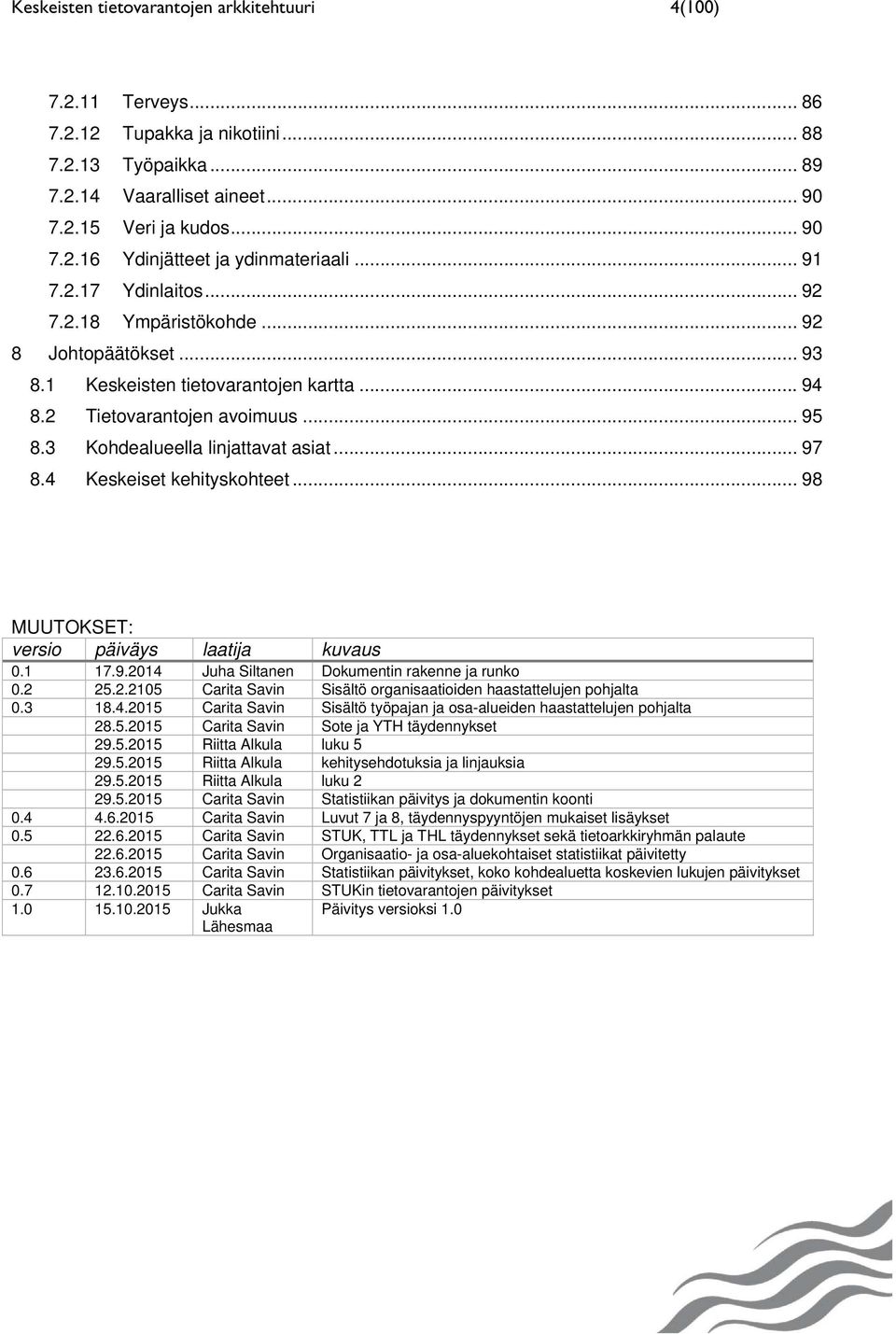 4 Keskeiset kehityskohteet... 98 MUUTOKSET: versio päiväys laatija kuvaus 0.1 17.9.2014 Juha Siltanen Dokumentin rakenne ja runko 0.2 25.2.2105 Carita Savin Sisältö organisaatioiden haastattelujen pohjalta 0.