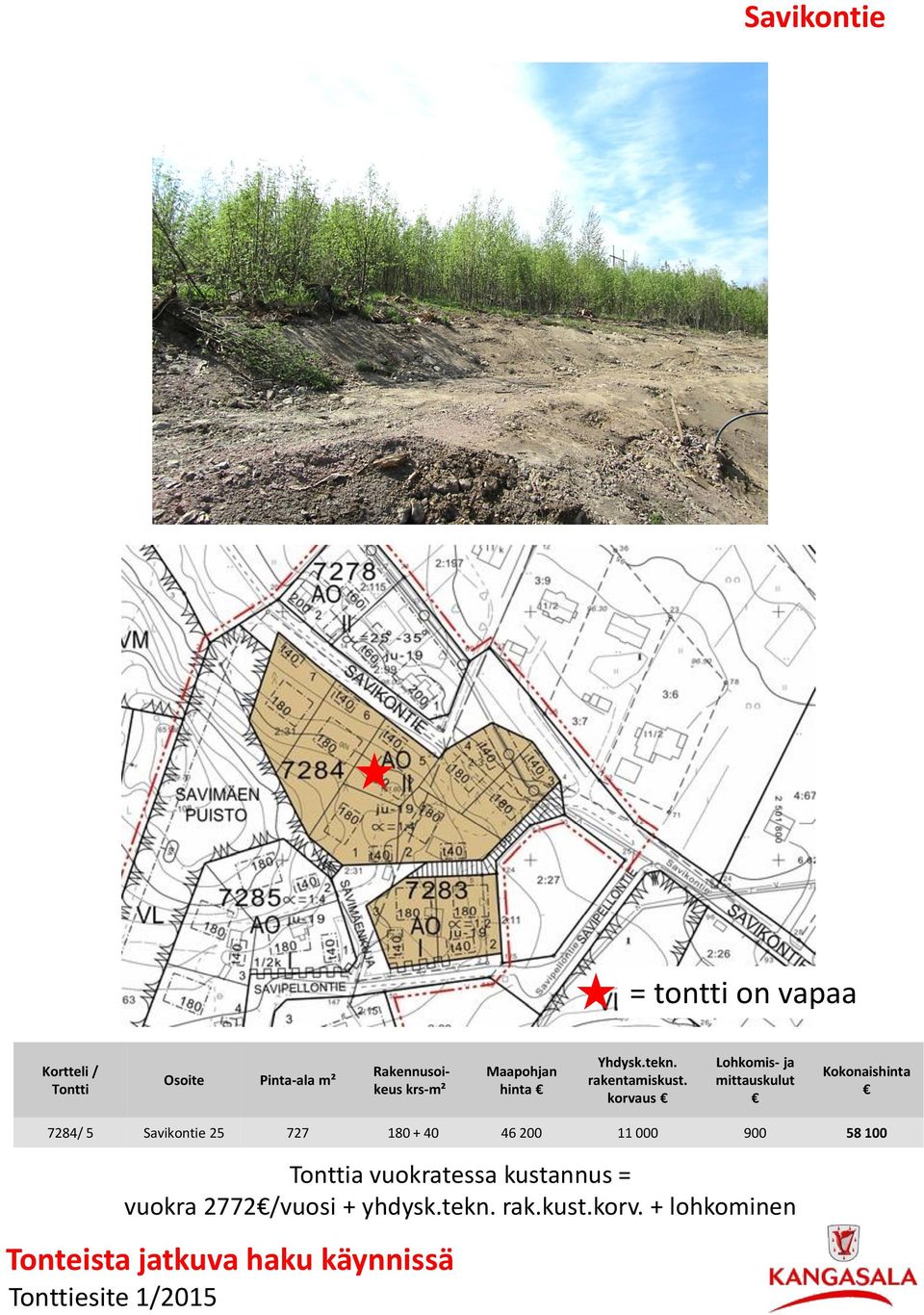 korvaus Lohkomis- ja mittauskulut Kokonaishinta 7284/ 5 Savikontie 25 727 180 + 40