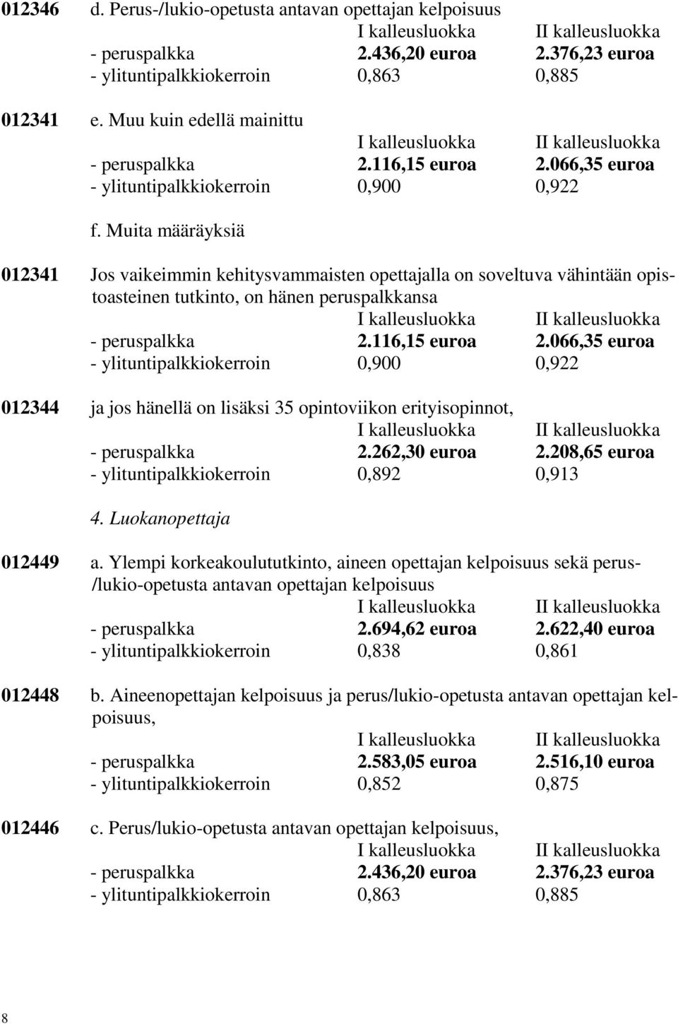 Muita määräyksiä 012341 Jos vaikeimmin kehitysvammaisten opettajalla on soveltuva vähintään opistoasteinen tutkinto, on hänen peruspalkkansa - peruspalkka 2.116,15 euroa 2.