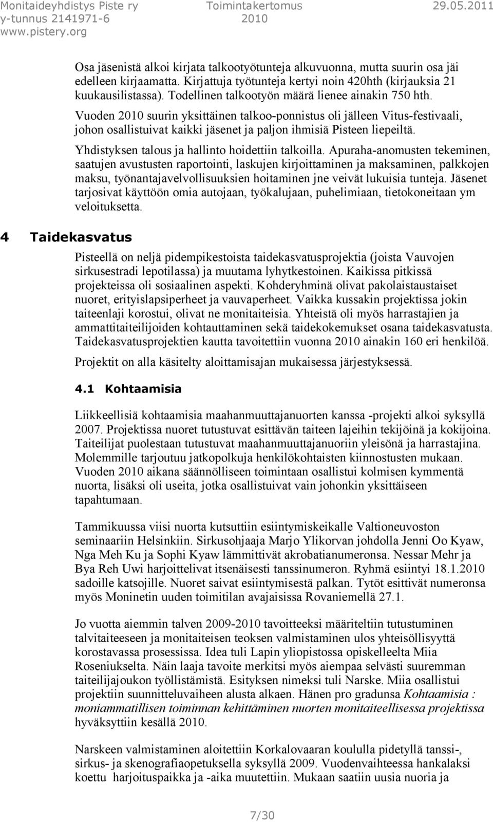 Vuoden 2010 suurin yksittäinen talkoo-ponnistus oli jälleen Vitus-festivaali, johon osallistuivat kaikki jäsenet ja paljon ihmisiä Pisteen liepeiltä.