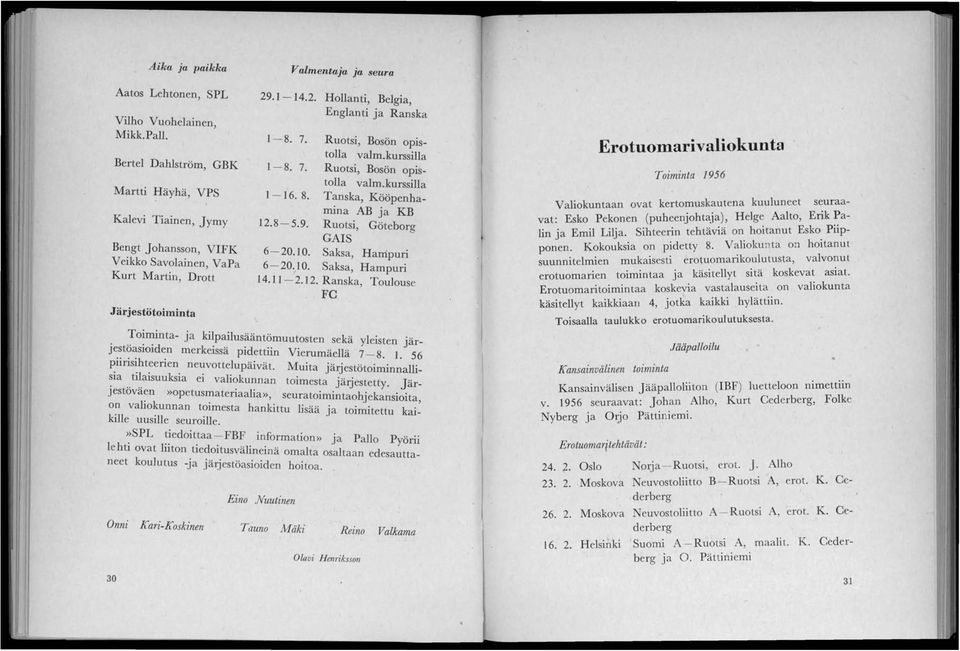 Ruotsi, Bosön opistolla valm.kurssilla 1-8. 7. Ruotsi, Bosön opistolla valm.kurssilia 1-16. 8. Tanska, Kööpenhamina AB ja KB 12.8-5.9. Ruotsi, Göteborg GAIS 6-20.10. Saksa, Harripuri 6-20.10. Saksa, Hampuri 14.