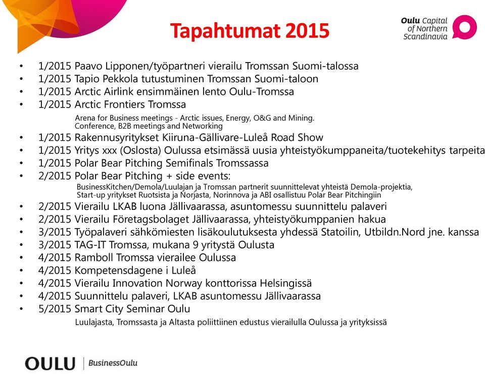 Conference, B2B meetings and Networking 1/2015 Rakennusyritykset Kiiruna-Gällivare-Luleå Road Show 1/2015 Yritys xxx (Oslosta) Oulussa etsimässä uusia yhteistyökumppaneita/tuotekehitys tarpeita