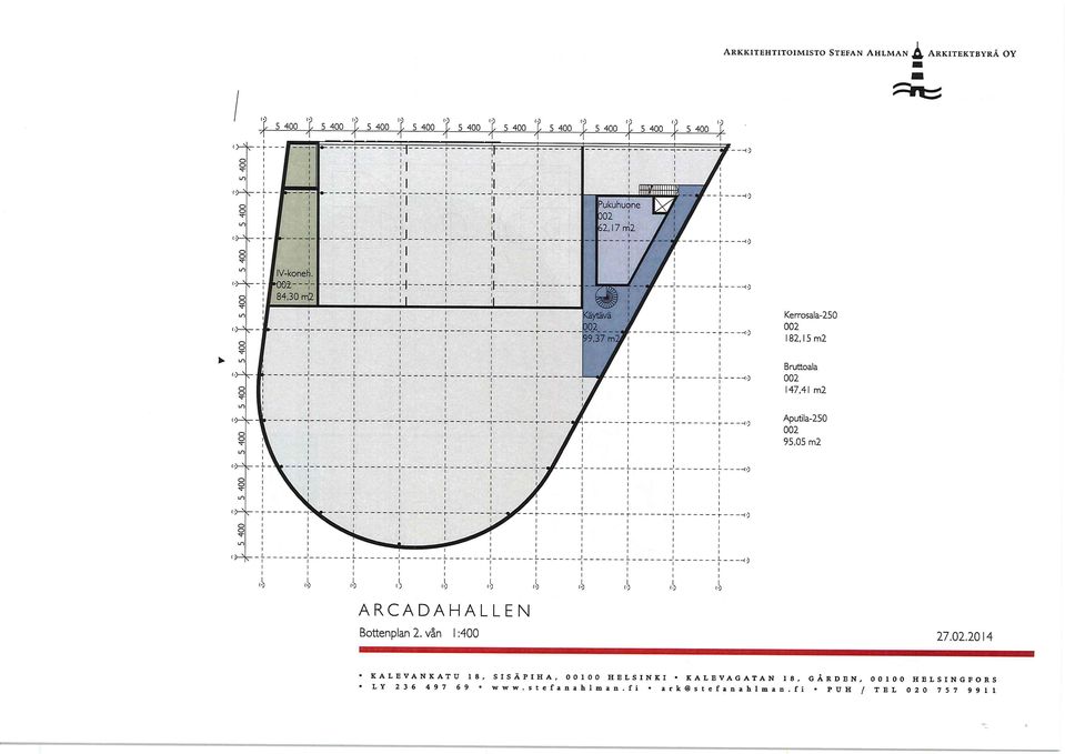 "^1 Bruttoala 002 147,41 ml Aputila-250 002 95,05 m2 ^ ^.^,^ ^ ARCADAHALLEN Bottenplan 2. van l :400 (! 1-) 27.