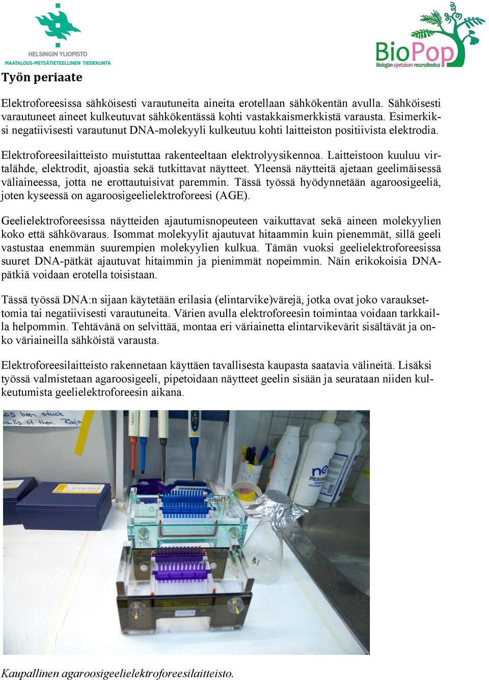 Laitteistoon kuuluu virtalähde, elektrodit, ajoastia sekä tutkittavat näytteet. Yleensä näytteitä ajetaan geelimäisessä väliaineessa, jotta ne erottautuisivat paremmin.