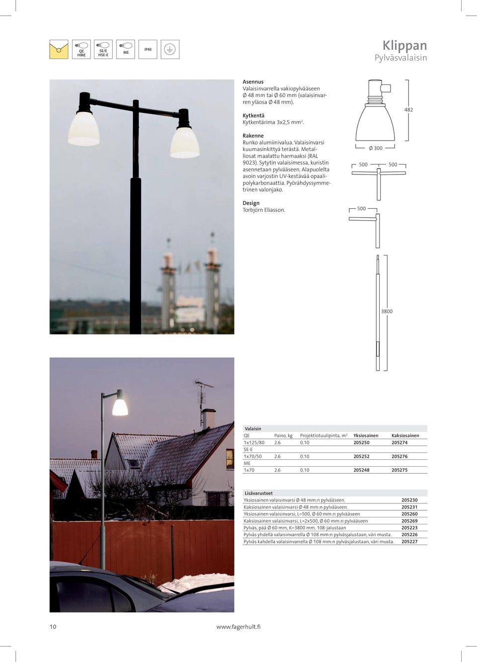 Design Torbjörn Eliasson. 500 Ø 300 500 500 3800 Valaisin Paino, kg Projektiotuulipinta, m 2 Yksiosainen Kaksiosainen 1x125/80 2.6 0.10 205250 205274 SE-E 1x70/50 2.6 0.10 205252 205276 ME 1x70 2.6 0.10 205248 205275 Yksiosainen valaisinvarsi Ø 48 mm:n pylvääseen.