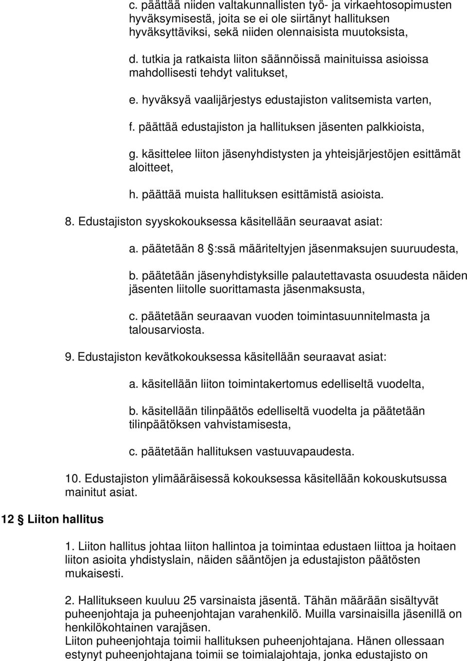 päättää edustajiston ja hallituksen jäsenten palkkioista, g. käsittelee liiton jäsenyhdistysten ja yhteisjärjestöjen esittämät aloitteet, h. päättää muista hallituksen esittämistä asioista. 8.