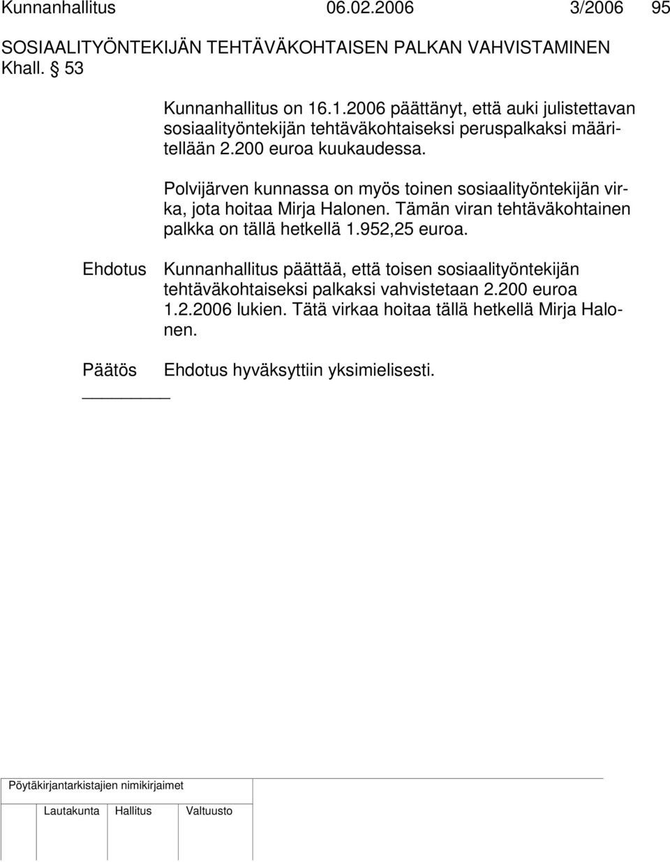 Polvijärven kunnassa on myös toinen sosiaalityöntekijän virka, jota hoitaa Mirja Halonen. Tämän viran tehtäväkohtainen palkka on tällä hetkellä 1.952,25 euroa.