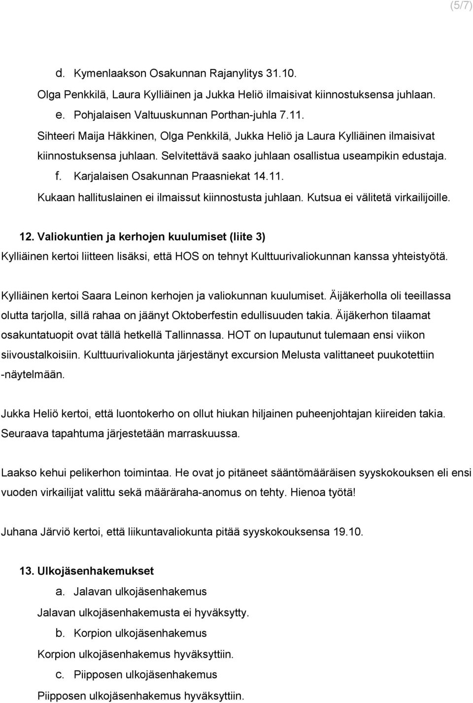 Karjalaisen Osakunnan Praasniekat 14.11. Kukaan hallituslainen ei ilmaissut kiinnostusta juhlaan. Kutsua ei välitetä virkailijoille. 12.