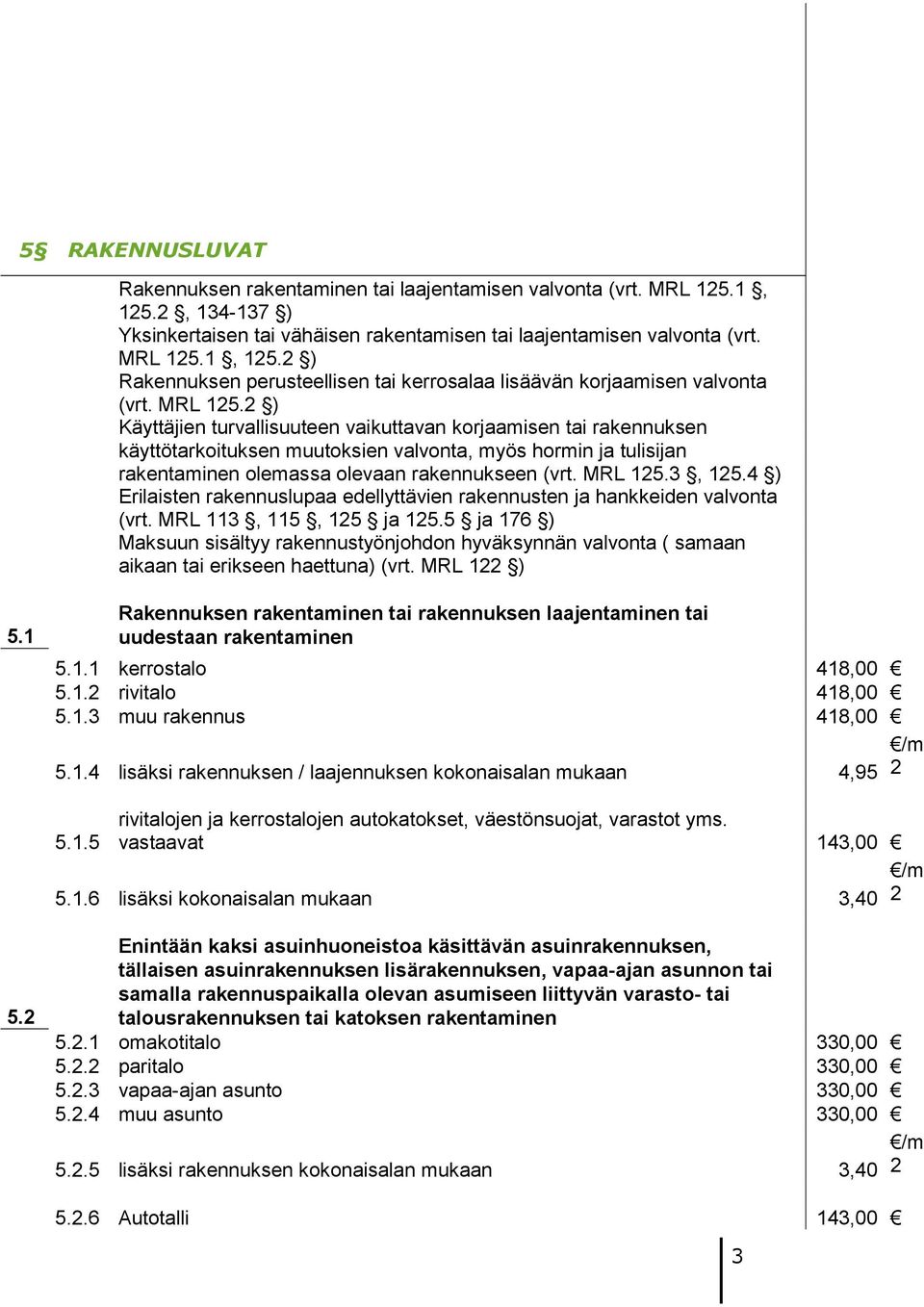 3, 5.4 ) Erilaisten rakennuslupaa edellyttävien rakennusten ja hankkeiden valvonta (vrt. MRL 3, 5, 5 ja 5.