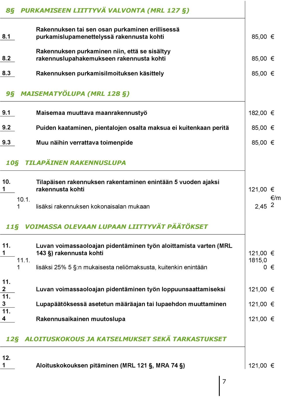 3 Rakennuksen purkamisilmoituksen käsittely 85,00 9 MAISEMATYÖLUPA (MRL 8 ) 9. Maisemaa muuttava maanrakennustyö 8,00 9. Puiden kaataminen, pientalojen osalta maksua ei kuitenkaan peritä 85,00 9.