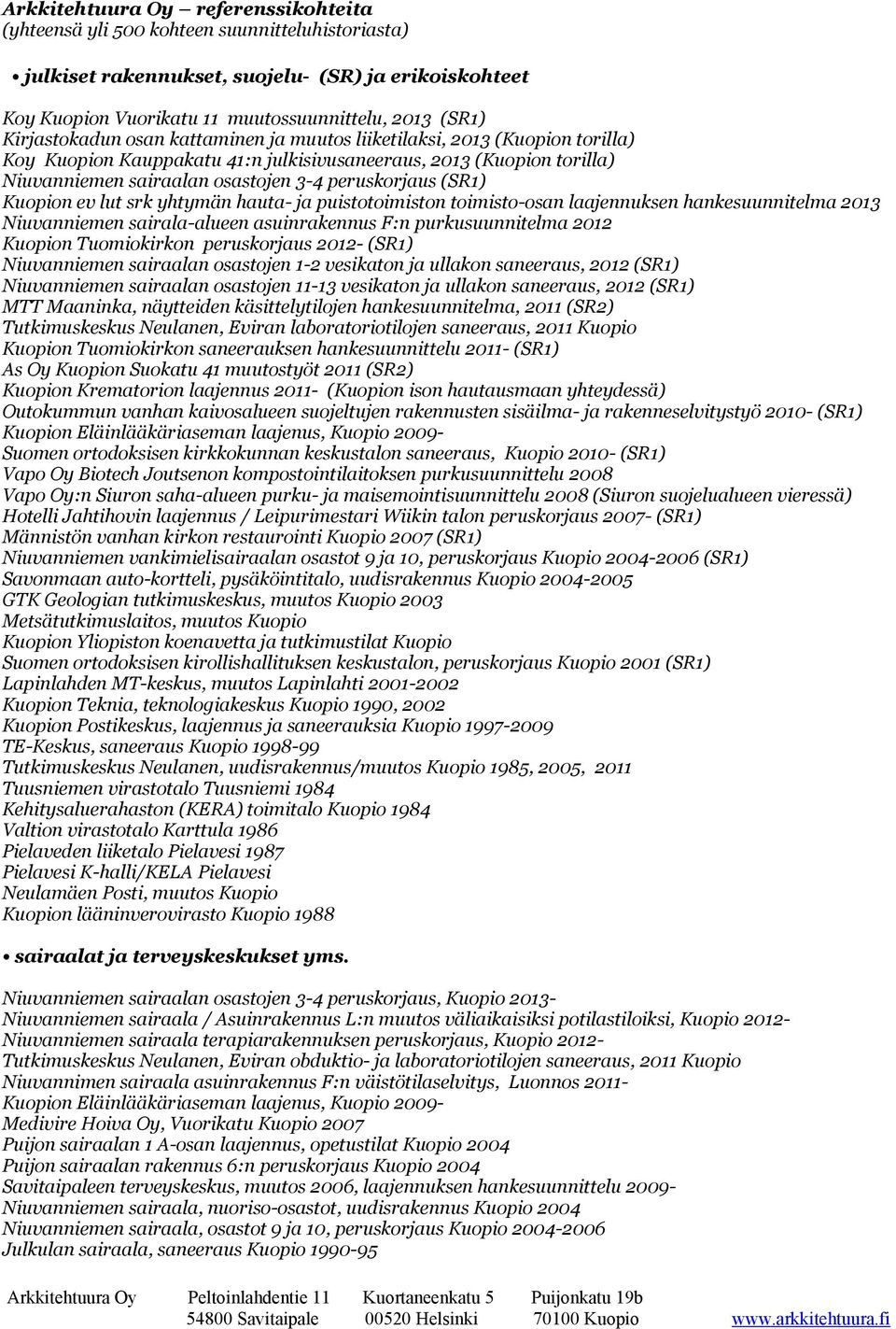 hankesuunnitelma 2013 Niuvanniemen sairala-alueen asuinrakennus F:n purkusuunnitelma 2012 Kuopion Tuomiokirkon peruskorjaus 2012- (SR1) Niuvanniemen sairaalan osastojen 1-2 vesikaton ja ullakon