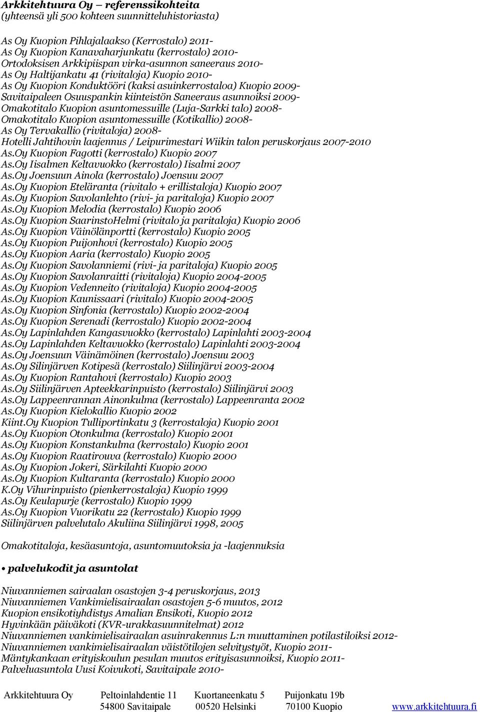 Omakotitalo Kuopion asuntomessuille (Kotikallio) 2008- As Oy Tervakallio (rivitaloja) 2008- Hotelli Jahtihovin laajennus / Leipurimestari Wiikin talon peruskorjaus 2007-2010 As.