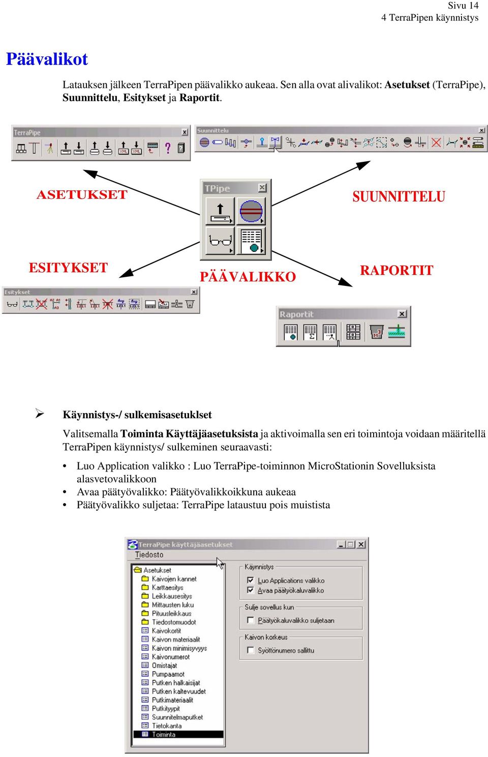 ASETUKSET SUUNNITTELU ESITYKSET PÄÄVALIKKO RAPORTIT Käynnistys-/ sulkemisasetuklset Valitsemalla Toiminta Käyttäjäasetuksista ja aktivoimalla sen eri