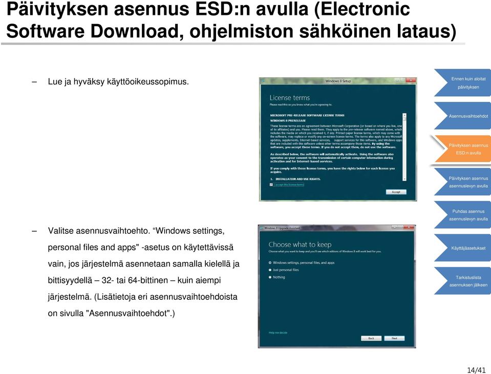 Windows settings, personal files and apps" -asetus on käytettävissä vain, jos järjestelmä