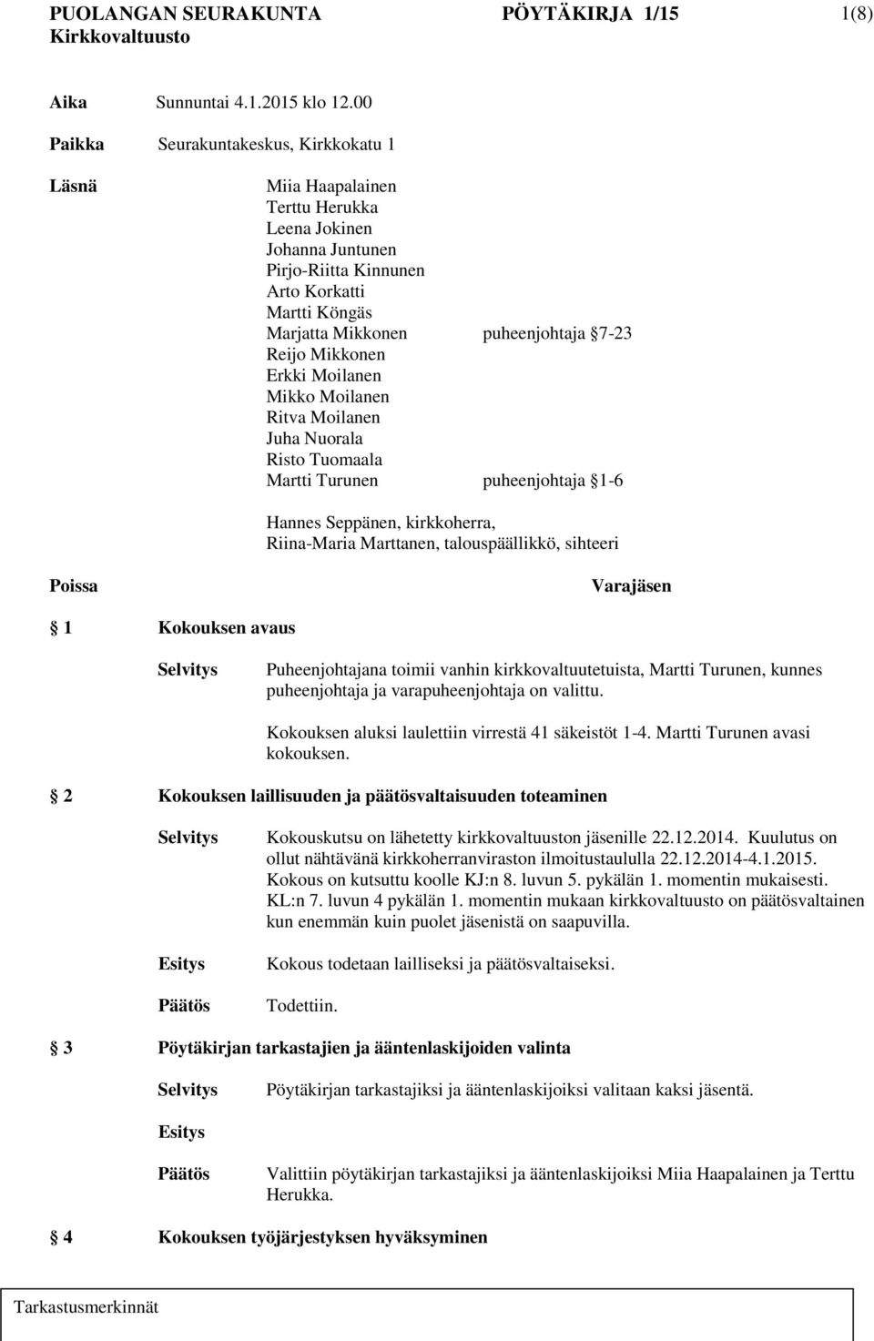 Reijo Mikkonen Erkki Moilanen Mikko Moilanen Ritva Moilanen Juha Nuorala Risto Tuomaala Martti Turunen puheenjohtaja 1-6 Hannes Seppänen, kirkkoherra, Riina-Maria Marttanen, talouspäällikkö, sihteeri