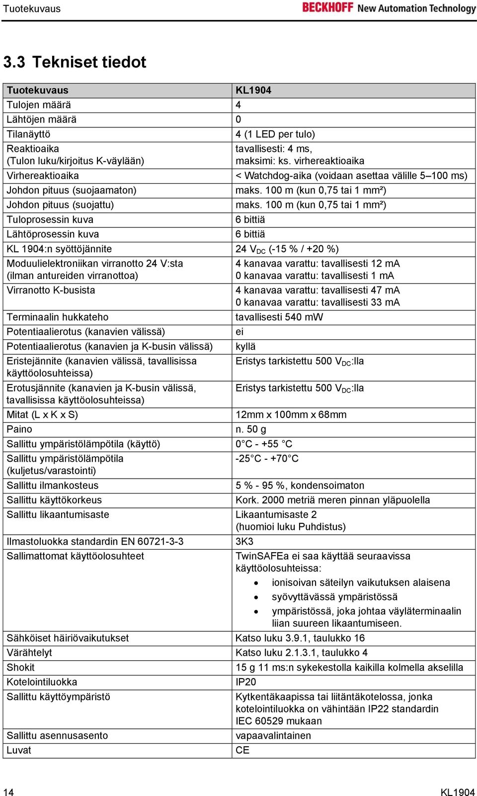 pituus (suojattu) Tuloprosessin kuva Lähtöprosessin kuva KL 1904:n syöttöjännite 24 V DC (-15 % / +20 %) Moduulielektroniikan virranotto 24 V:sta (ilman antureiden virranottoa) Virranotto K-busista