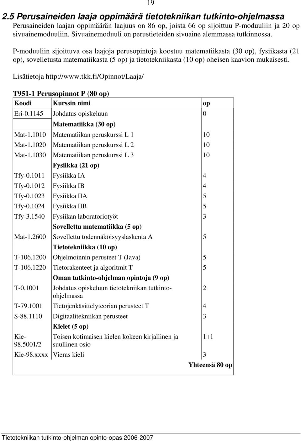 P-moduuliin sijoittuva osa laajoja perusopintoja koostuu matematiikasta (30 op), fysiikasta (21 op), sovelletusta matematiikasta (5 op) ja tietotekniikasta (10 op) oheisen kaavion mukaisesti.