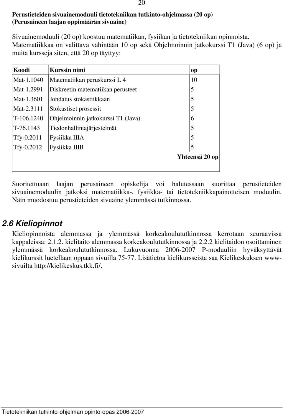 1040 Matematiikan peruskurssi L 4 10 Mat-1.2991 Diskreetin matematiikan perusteet 5 Mat-1.3601 Johdatus stokastiikkaan 5 Mat-2.3111 Stokastiset prosessit 5 T-106.