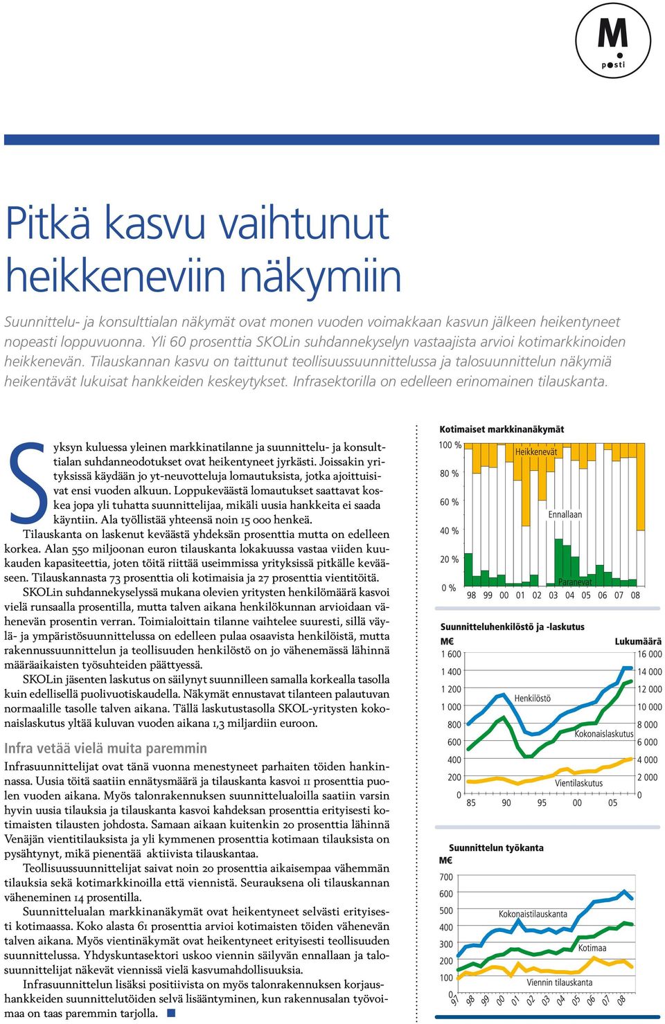 Tilauskannan kasvu on taittunut teollisuussuunnittelussa ja talosuunnittelun näkymiä heikentävät lukuisat hankkeiden keskeytykset. Infrasektorilla on edelleen erinomainen tilauskanta.