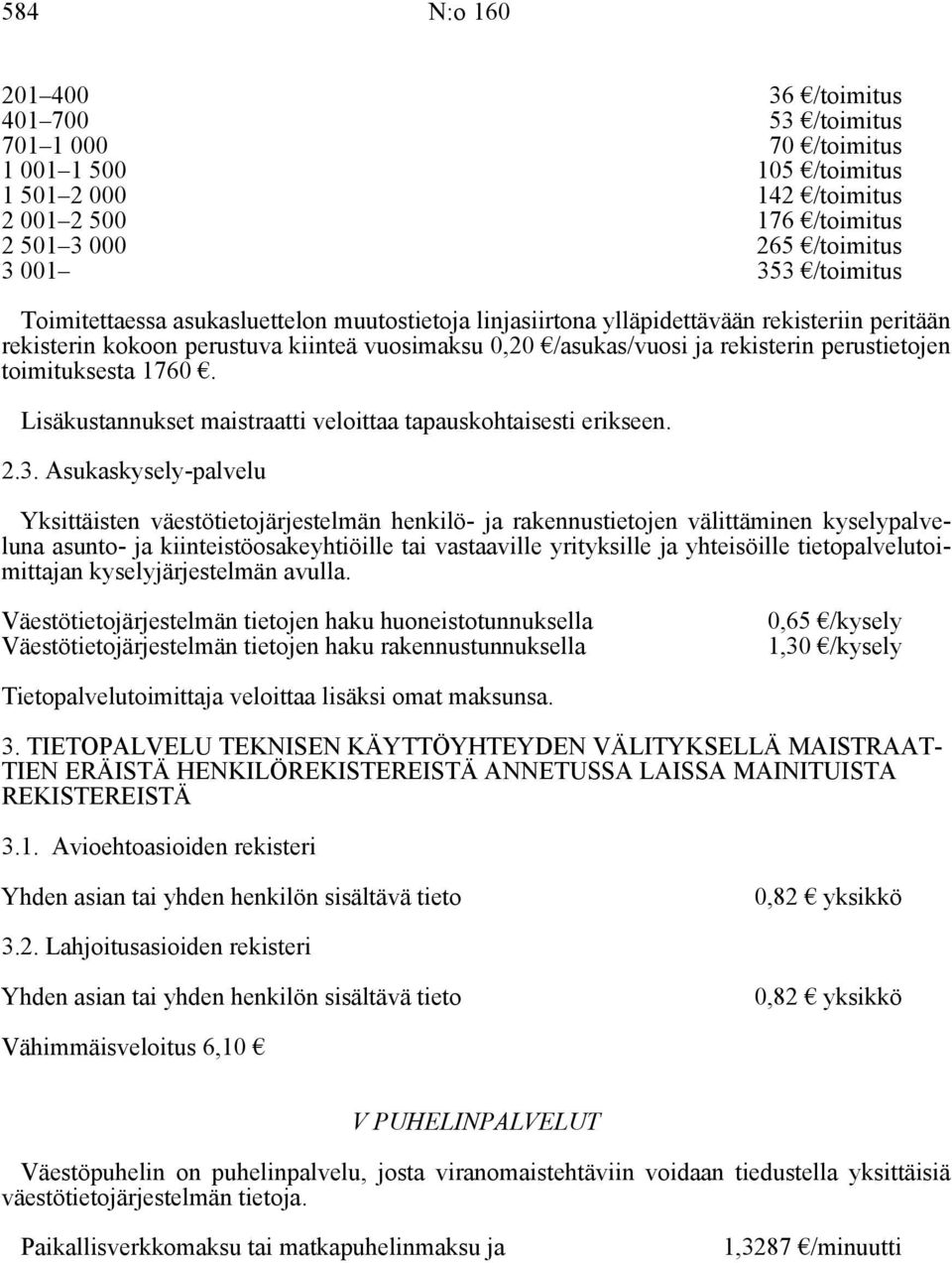 toimituksesta 1760. Lisäkustannukset maistraatti veloittaa tapauskohtaisesti erikseen. 2.3.