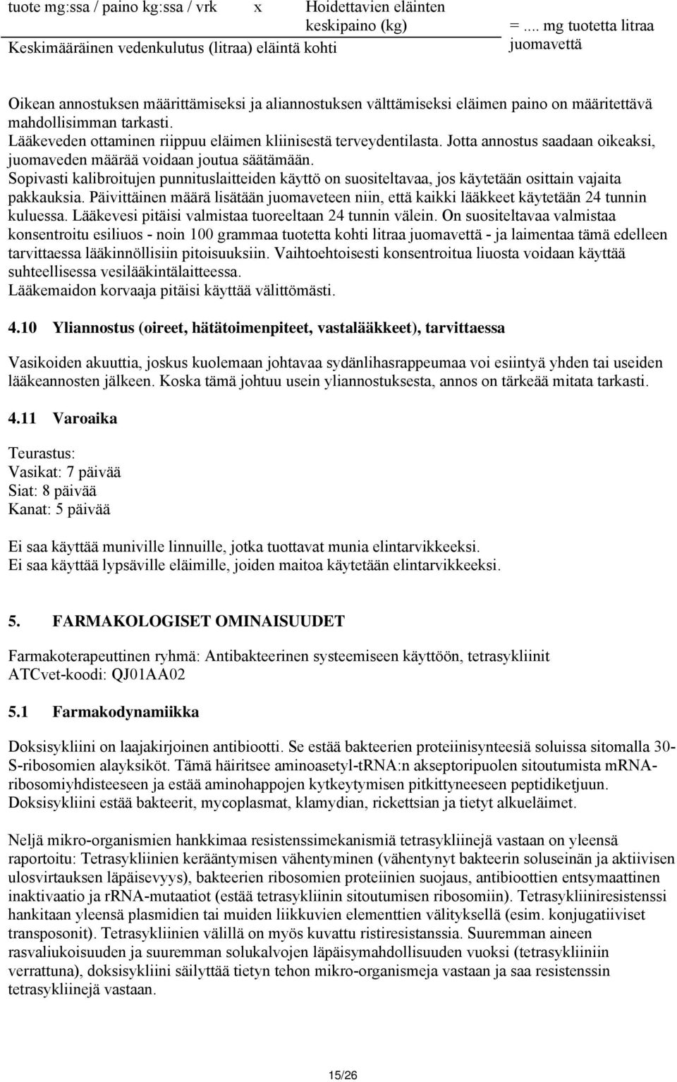 Lääkeveden ottaminen riippuu eläimen kliinisestä terveydentilasta. Jotta annostus saadaan oikeaksi, juomaveden määrää voidaan joutua säätämään.