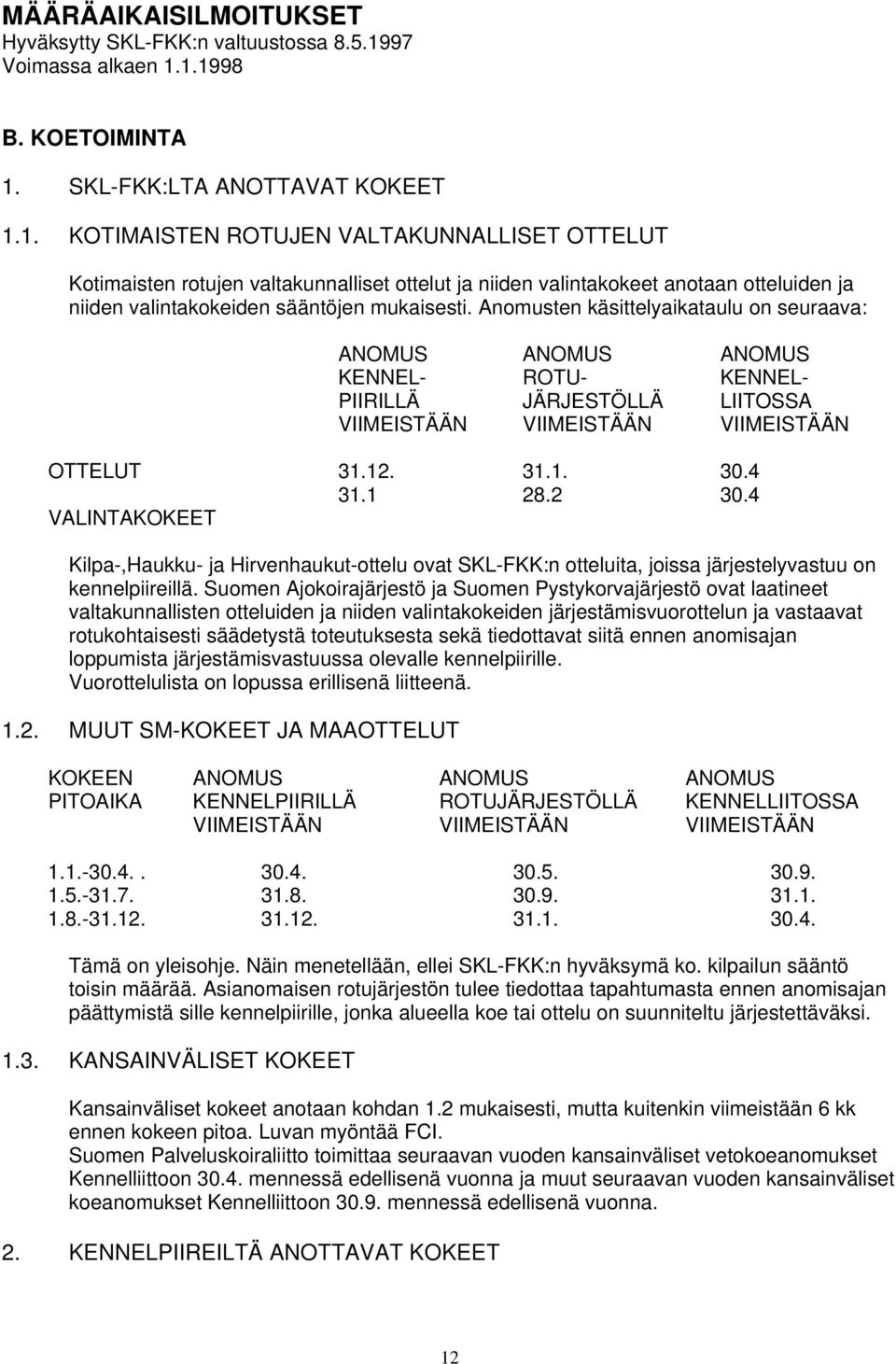 1.1998 B. KOETOIMINTA 1. SKL-FKK:LTA ANOTTAVAT KOKEET 1.1. KOTIMAISTEN ROTUJEN VALTAKUNNALLISET OTTELUT Kotimaisten rotujen valtakunnalliset ottelut ja niiden valintakokeet anotaan otteluiden ja niiden valintakokeiden sääntöjen mukaisesti.