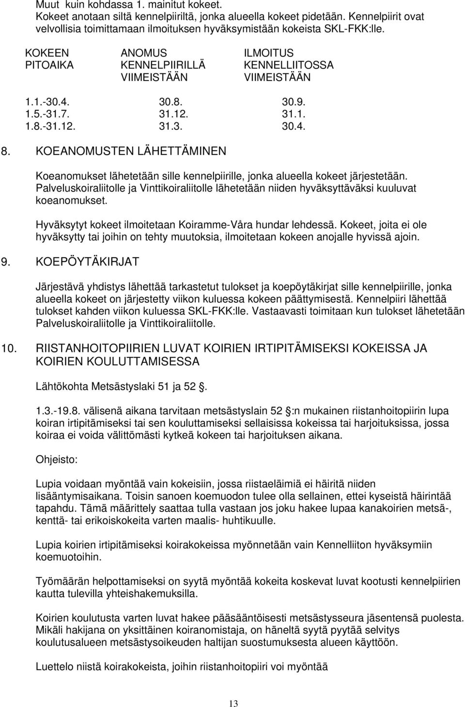 KOEANOMUSTEN LÄHETTÄMINEN Koeanomukset lähetetään sille kennelpiirille, jonka alueella kokeet järjestetään.