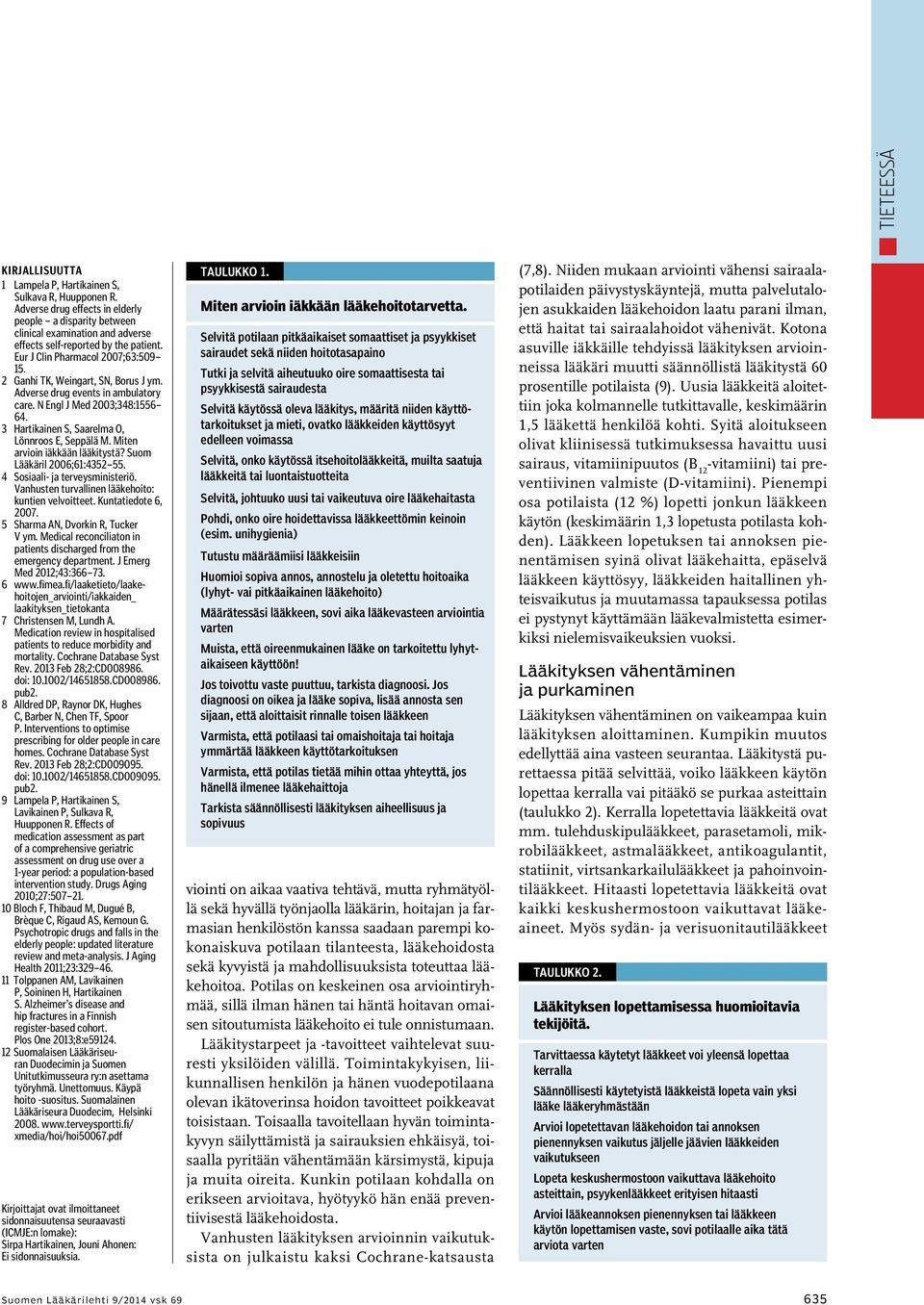 2 Ganhi TK, Weingart, SN, Borus J ym. Adverse drug events in ambulatory care. N Engl J Med 2003;348:1556 64. 3 Hartikainen S, Saarelma O, Lönnroos E, Seppälä M. Miten arvioin iäkkään lääkitystä?