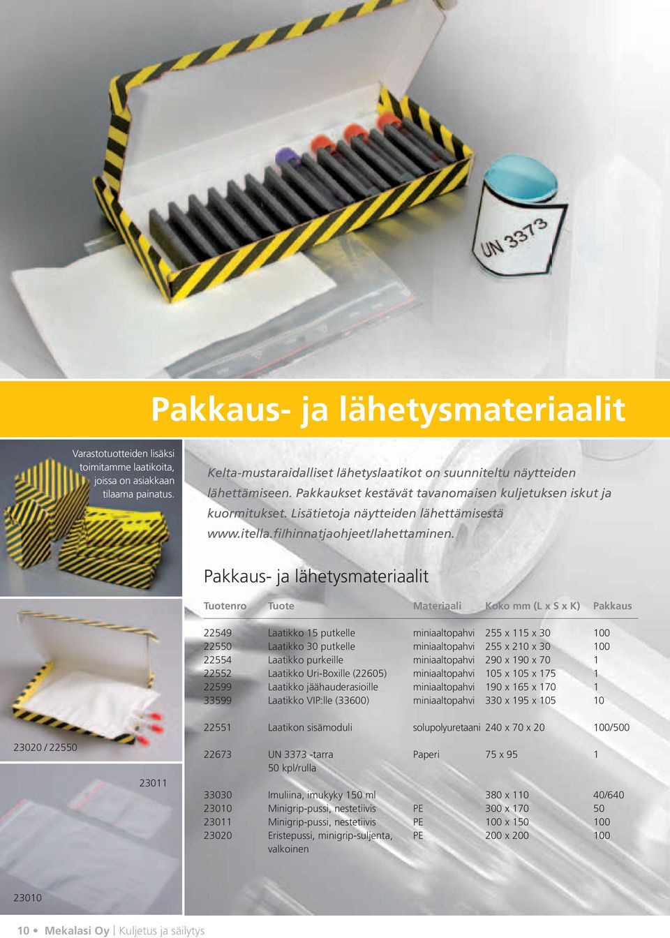 Pakkaus- ja lähetysmateriaalit Tuotenro Tuote Materiaali Koko mm (L x S x K) Pakkaus 22549 Laatikko 15 putkelle miniaaltopahvi 255 x 115 x 30 100 22550 Laatikko 30 putkelle miniaaltopahvi 255 x 210 x