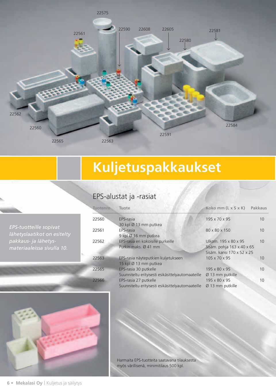 22560 EPS-rasia 195 x 70 x 95 10 30 kpl Ø 13 mm putkea 22561 EPS-rasia 80 x 80 x 150 10 9 kpl Ø 16 mm putkea 22562 EPS-rasia eri kokoisille purkeille Ulkom. 195 x 80 x 95 10 Purkin maks.