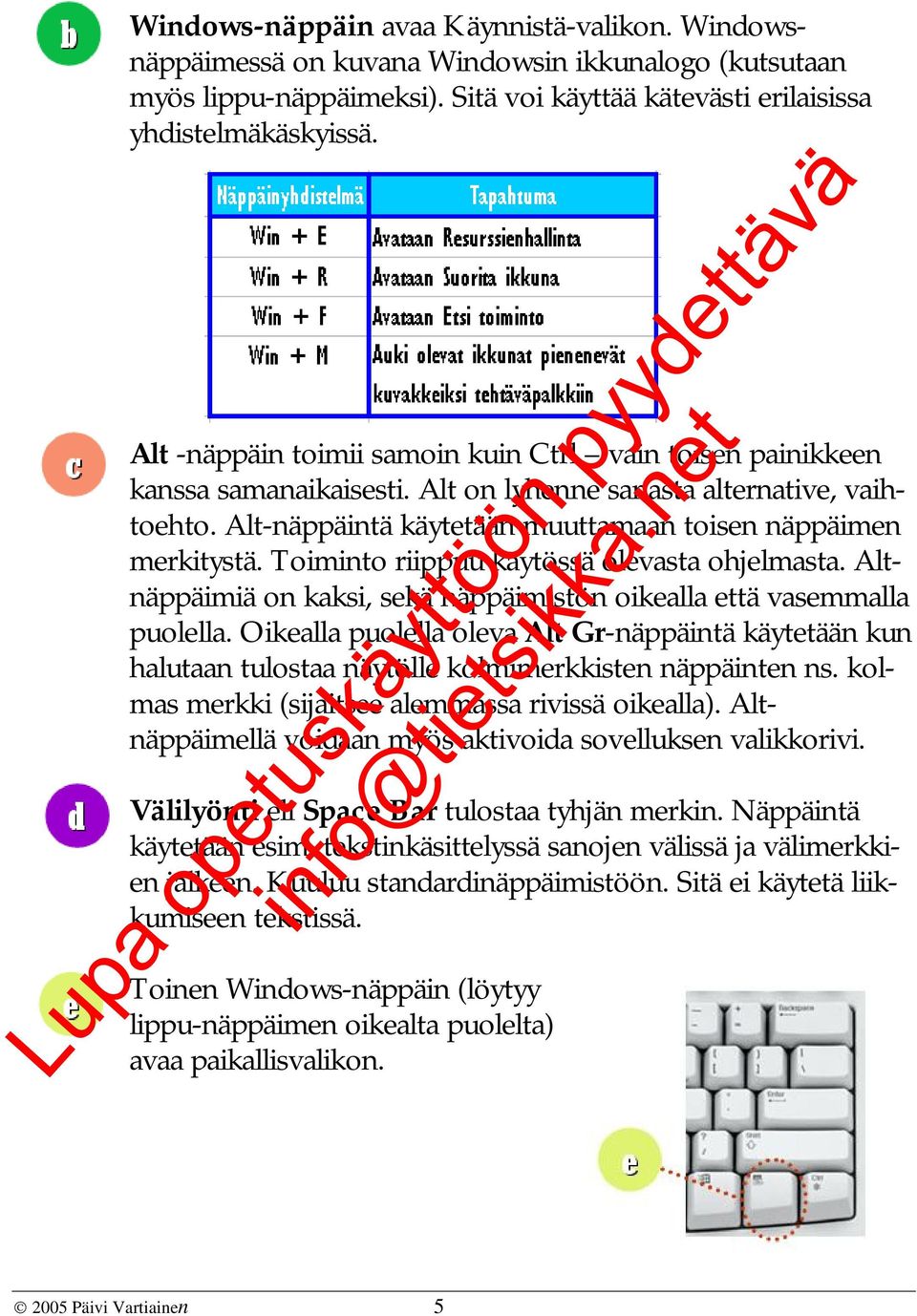 Toiminto riippuu käytössä olevasta ohjelmasta. Altnäppäimiä on kaksi, sekä näppäimistön oikealla että vasemmalla puolella.