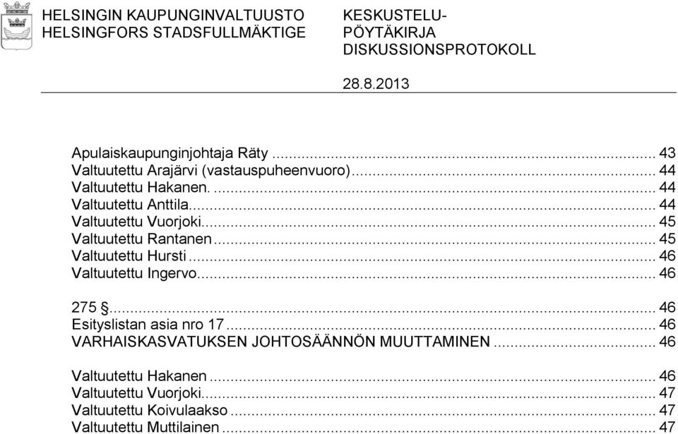 .. 45 Valtuutettu Rantanen... 45 Valtuutettu Hursti... 46 Valtuutettu Ingervo... 46 275... 46 Esityslistan asia nro 17.