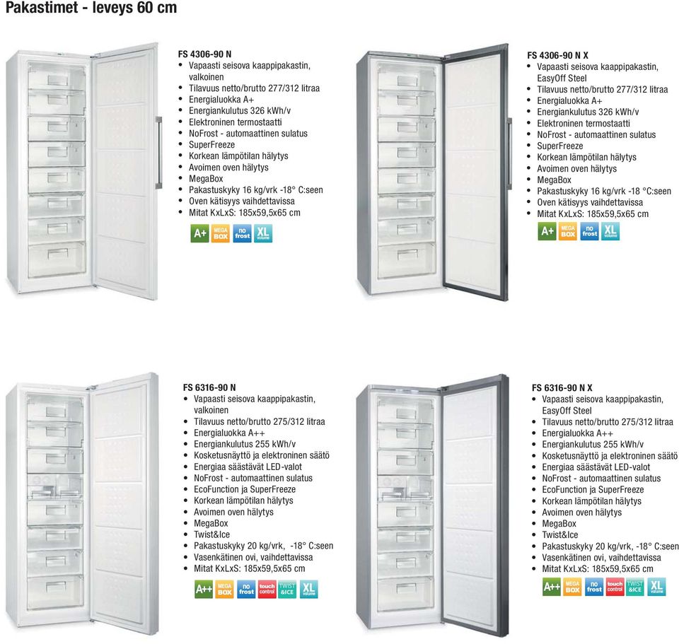Elektroninen termostaatti NoFrost - automaattinen sulatus SuperFreeze Korkean lämpötilan hälytys MegaBox Pakastuskyky 16 kg/vrk -18 C:seen FS 6316-90 N Vapaasti seisova kaappipakastin, valkoinen