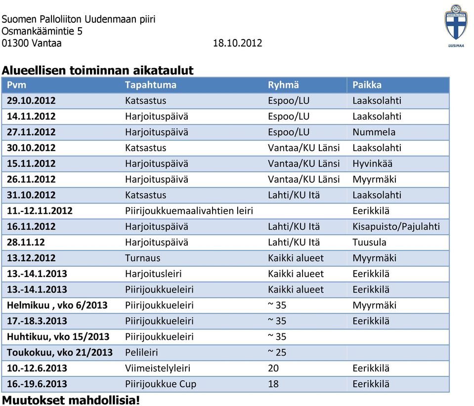 11.2012 Harjoituspäivä Lahti/KU Itä Kisapuisto/Pajulahti 28.11.12 Harjoituspäivä Lahti/KU Itä Tuusula 13.12.2012 Turnaus Kaikki alueet Myyrmäki 13.-14.1.2013 Harjoitusleiri Kaikki alueet Eerikkilä 13.