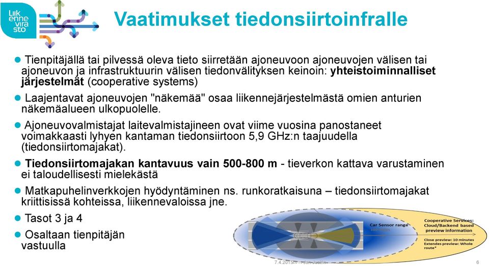 Ajoneuvovalmistajat laitevalmistajineen ovat viime vuosina panostaneet voimakkaasti lyhyen kantaman tiedonsiirtoon 5,9 GHz:n taajuudella (tiedonsiirtomajakat).