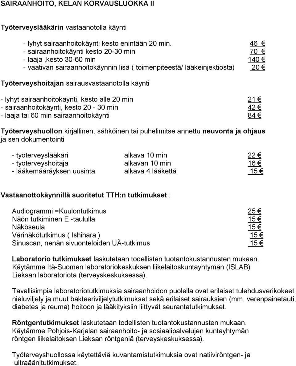 lyhyt sairaanhoitokäynti, kesto alle 20 min 21 - sairaanhoitokäynti, kesto 20-30 min 42 - laaja tai 60 min sairaanhoitokäynti 84 Työterveyshuollon kirjallinen, sähköinen tai puhelimitse annettu