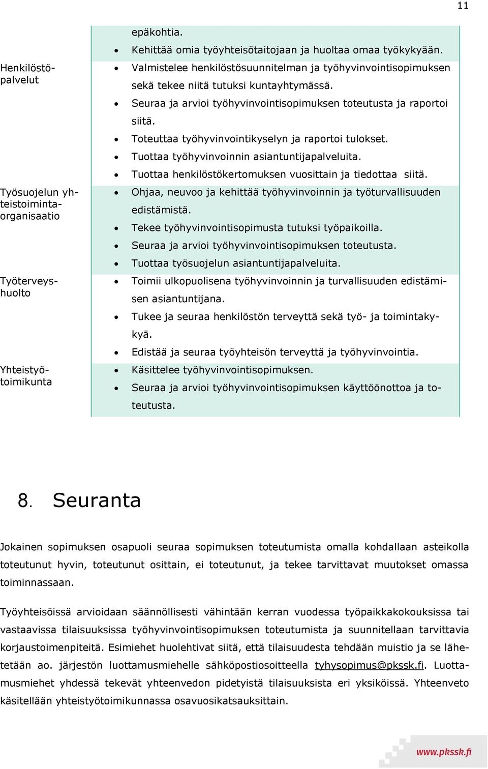 Toteuttaa työhyvinvointikyselyn ja raportoi tulokset. Tuottaa työhyvinvoinnin asiantuntijapalveluita. Tuottaa henkilöstökertomuksen vuosittain ja tiedottaa siitä.