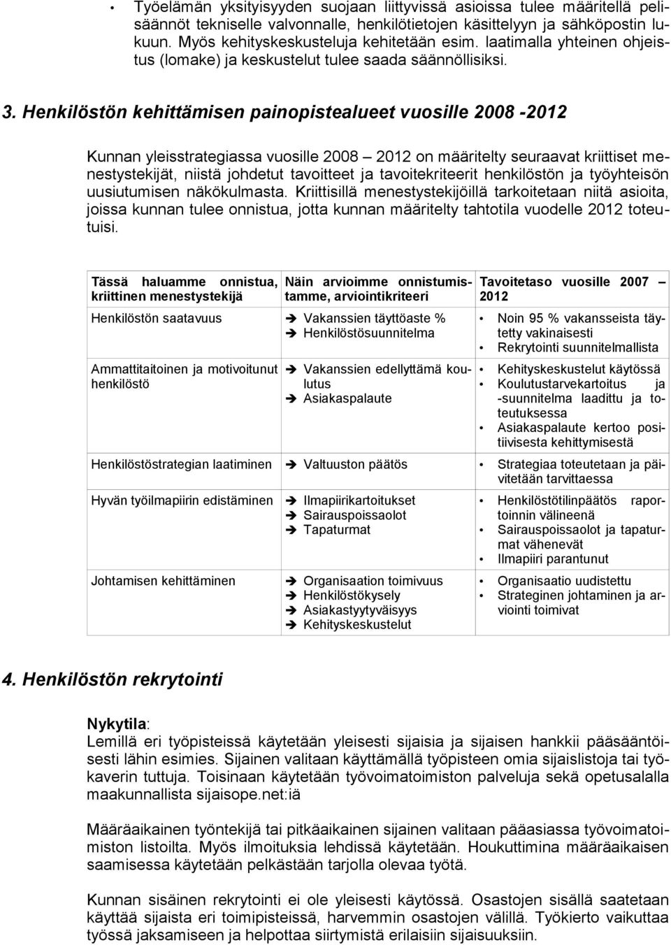 Henkilöstön kehittämisen painopistealueet vuosille 2008-2012 Kunnan yleisstrategiassa vuosille 2008 2012 on määritelty seuraavat kriittiset menestystekijät, niistä johdetut tavoitteet ja