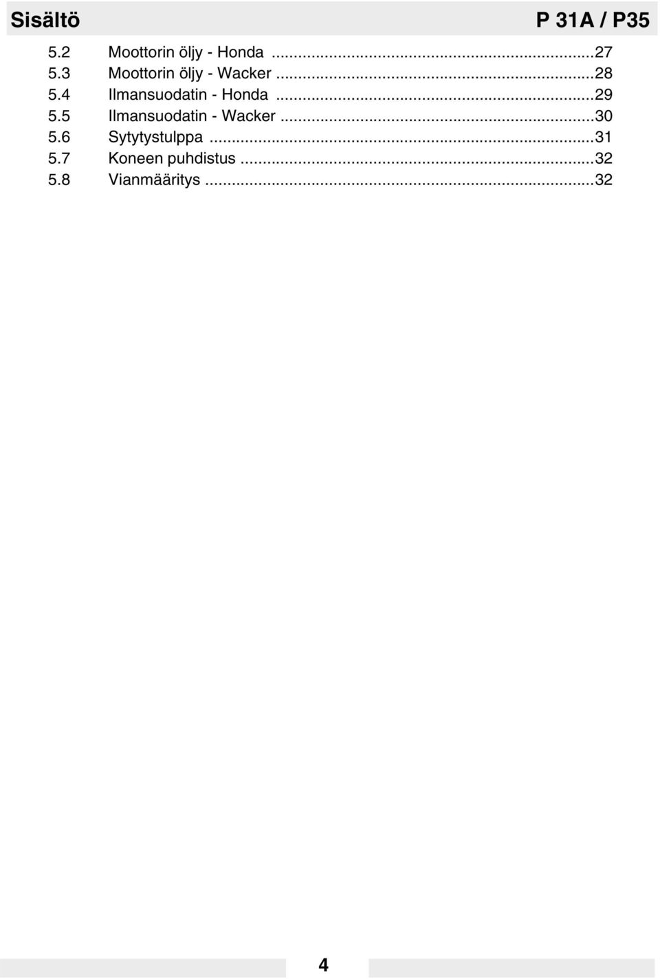 ..29 5.5 Ilmansuodatin - Wacker...30 5.6 Sytytystulppa...31 5.