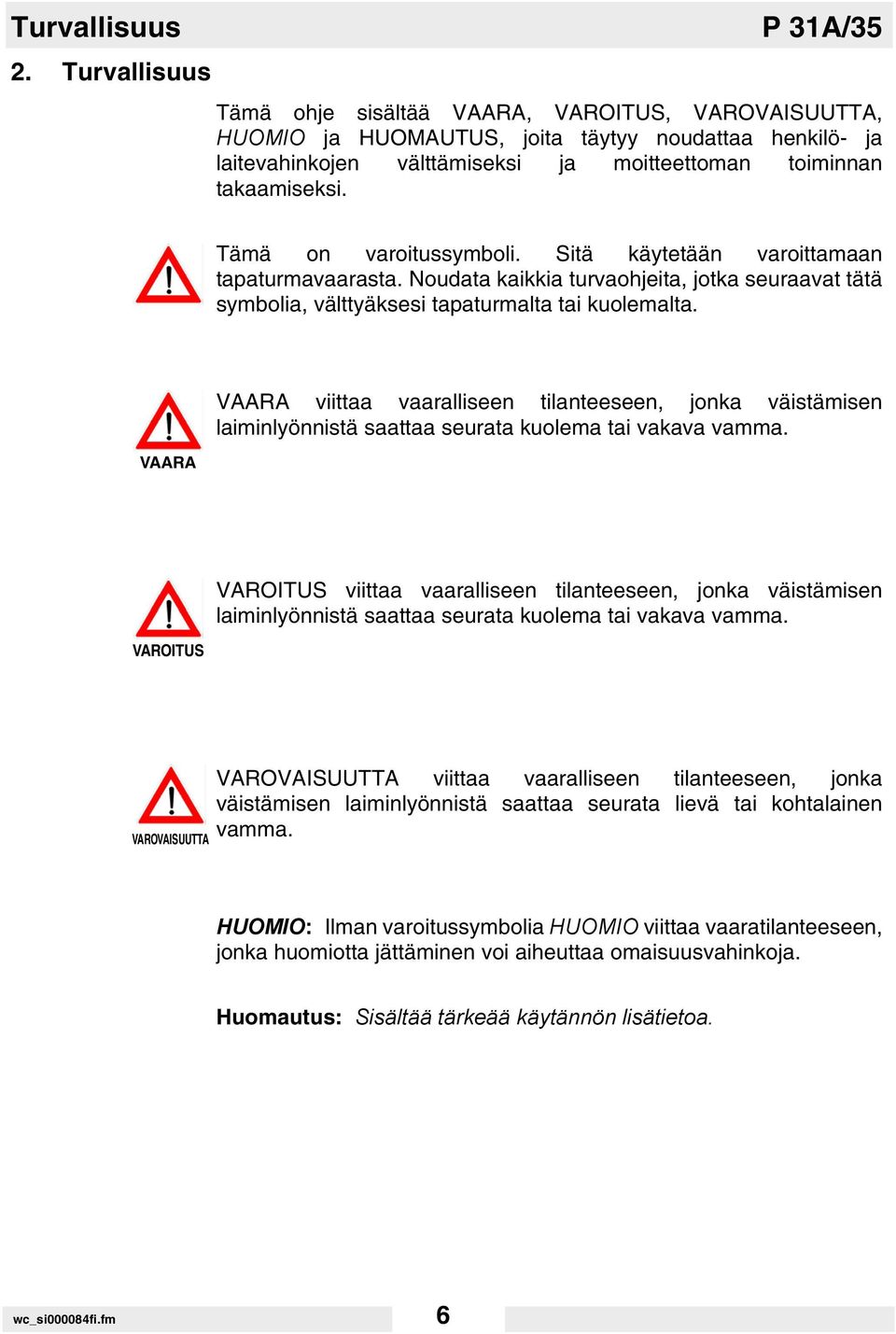 Tämä on varoitussymboli. Sitä käytetään varoittamaan tapaturmavaarasta. Noudata kaikkia turvaohjeita, jotka seuraavat tätä symbolia, välttyäksesi tapaturmalta tai kuolemalta.