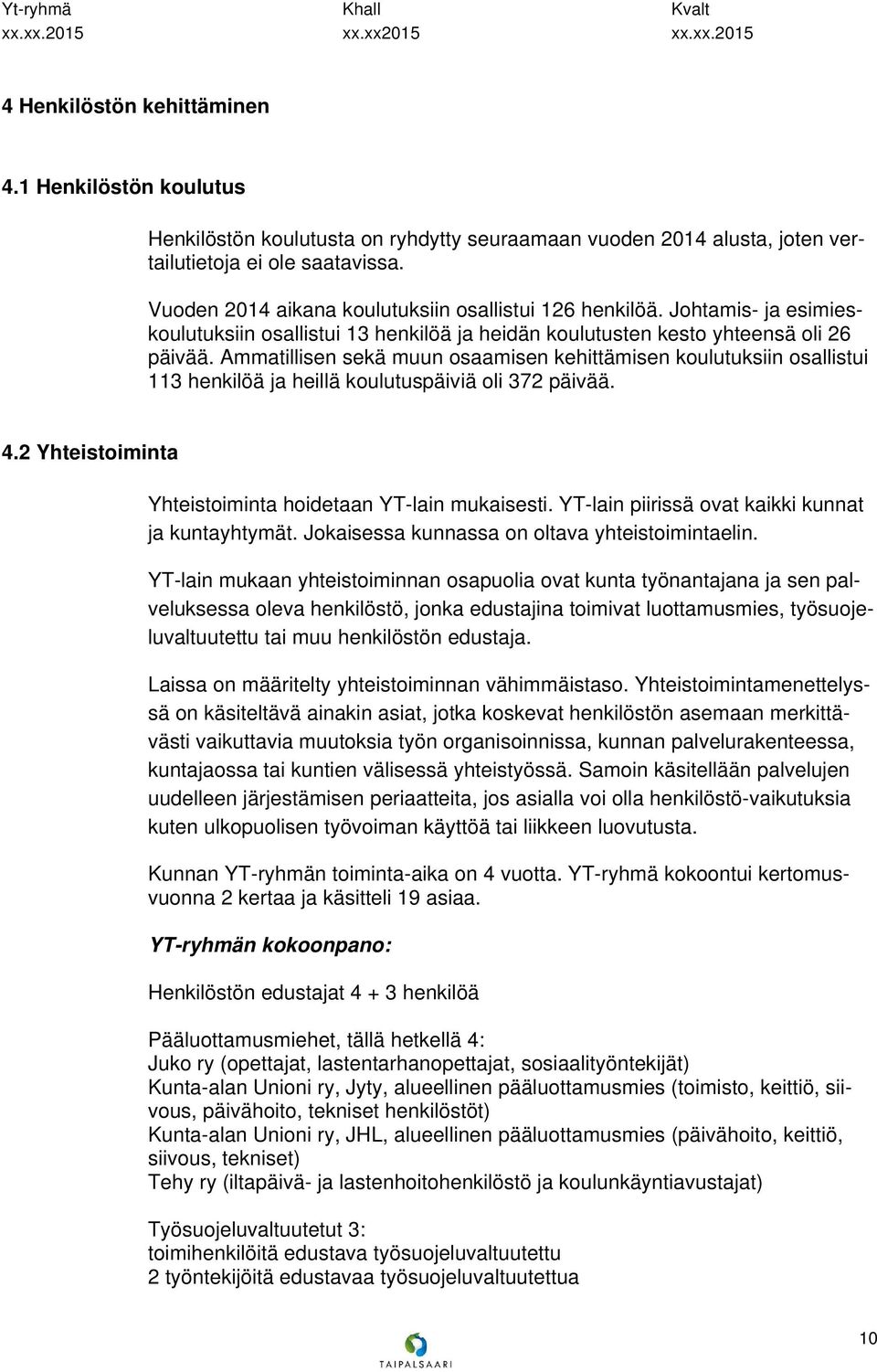 Ammatillisen sekä muun osaamisen kehittämisen koulutuksiin osallistui 113 henkilöä ja heillä koulutuspäiviä oli 372 päivää. 4.2 Yhteistoiminta Yhteistoiminta hoidetaan YT-lain mukaisesti.