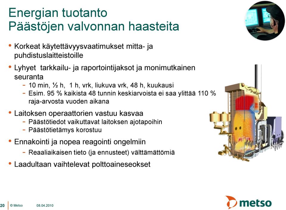 95 % kaikista 48 tunnin keskiarvoista ei saa ylittää 110 % raja-arvosta vuoden aikana Laitoksen operaattorien vastuu kasvaa - Päästötiedot