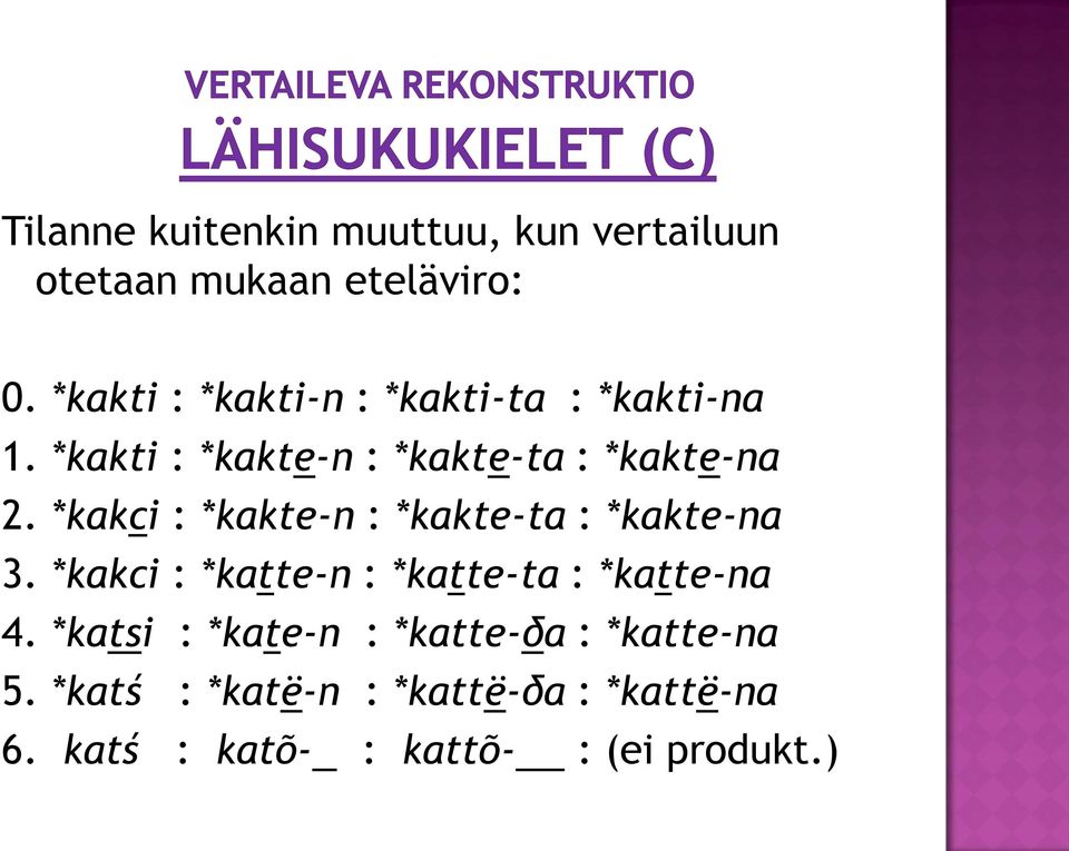 *kakci : *kakte-n : *kakte-ta : *kakte-na 3. *kakci : *katte-n : *katte-ta : *katte-na 4.