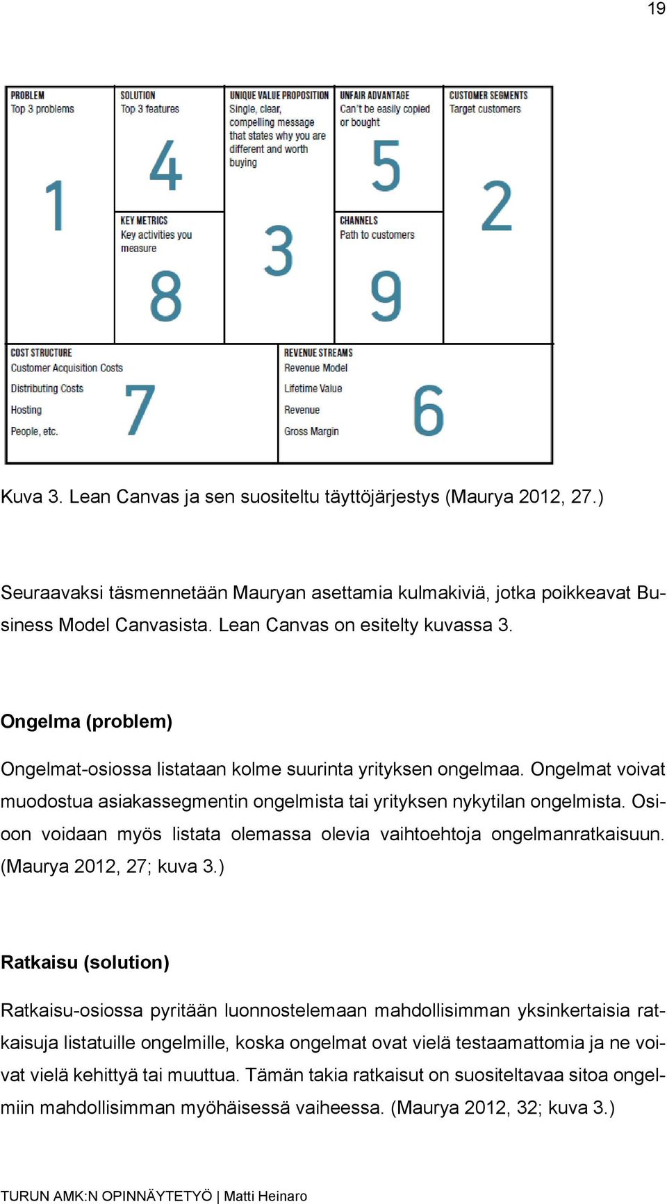 Ongelmat voivat muodostua asiakassegmentin ongelmista tai yrityksen nykytilan ongelmista. Osioon voidaan myös listata olemassa olevia vaihtoehtoja ongelmanratkaisuun. (Maurya 2012, 27; kuva 3.