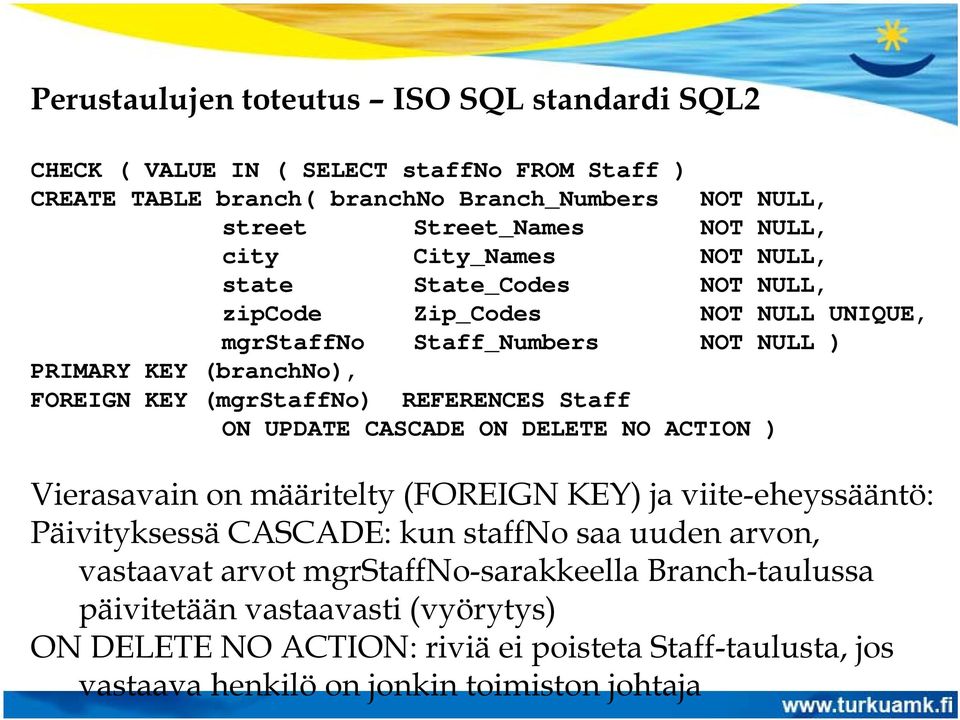 REFERENCES Staff ON UPDATE CASCADE ON DELETE NO ACTION ) Vierasavain on määritelty (FOREIGN KEY) ja viite-eheyssääntö: Päivityksessä CASCADE: kun staffno saa uuden arvon,