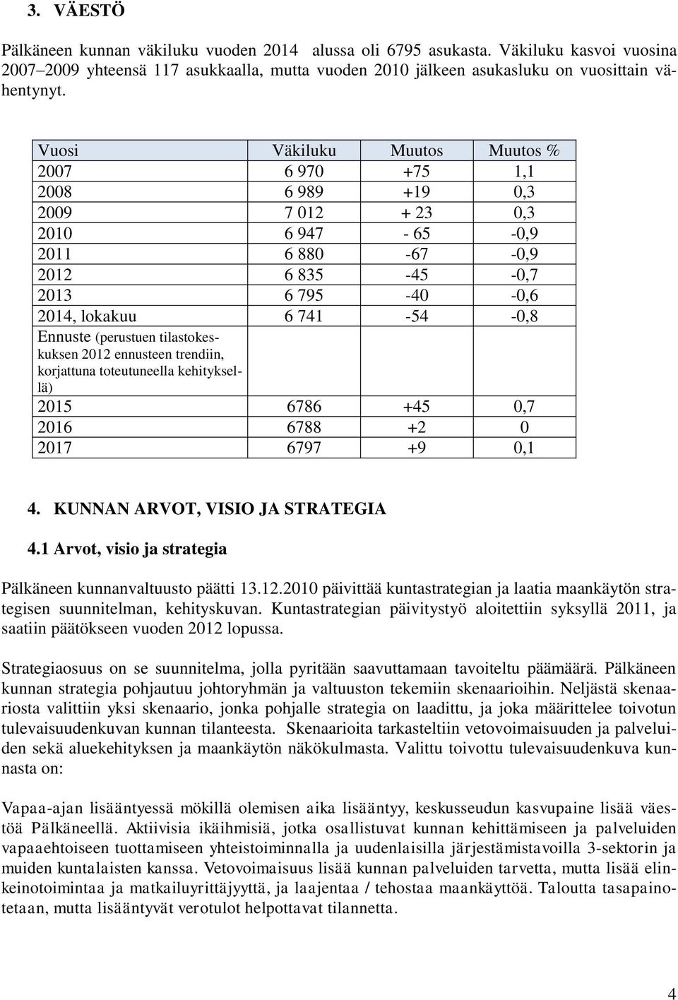 Ennuste (perustuen tilastokeskuksen 2012 ennusteen trendiin, korjattuna toteutuneella kehityksellä) 2015 6786 +45 0,7 2016 6788 +2 0 2017 6797 +9 0,1 4. KUNNAN ARVOT, VISIO JA STRATEGIA 4.