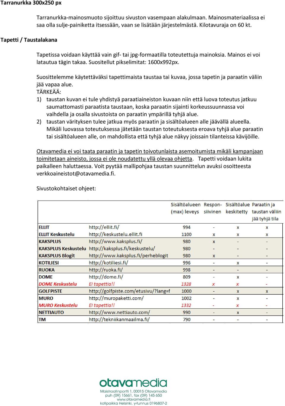 Mainos ei voi latautua tägin takaa. Suositellut pikselimitat: 1600x992px. Suosittelemme käytettäväksi tapettimaista taustaa tai kuvaa, jossa tapetin ja paraatin väliin jää vapaa alue.