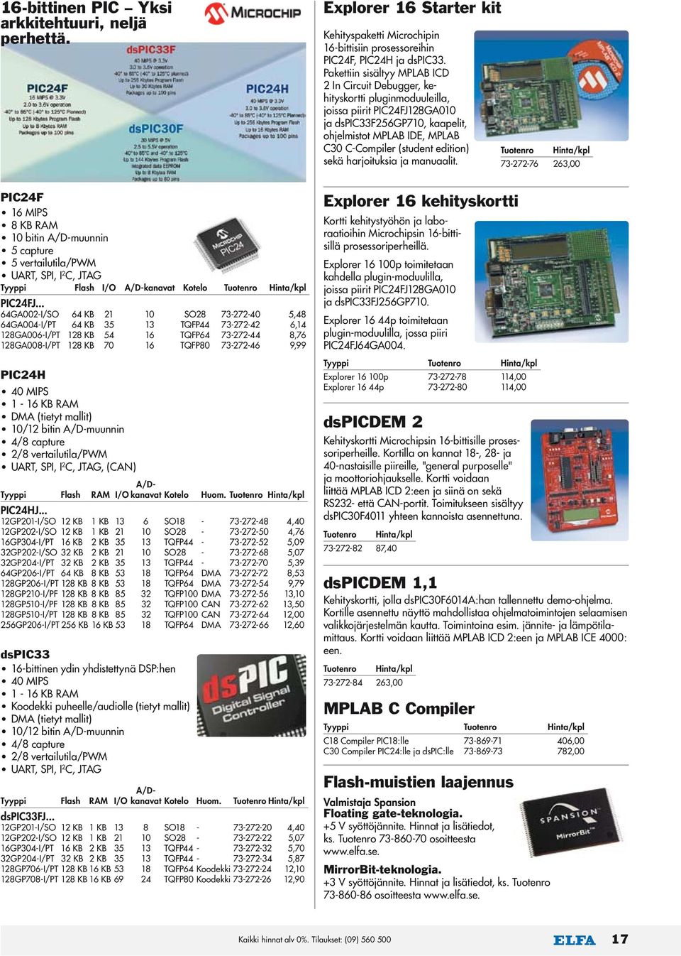 40 MIPS 1-16 KB RAM DMA (tietyt mallit) 10/12 bitin A/D-muunnin 4/8 capture 2/8 vertailutila/pwm UART, SPI, I 2 C, JTAG, (CAN) A/D- Tyyppi Flash RAM I/O kanavat Kotelo Huom. PIC24HJ.