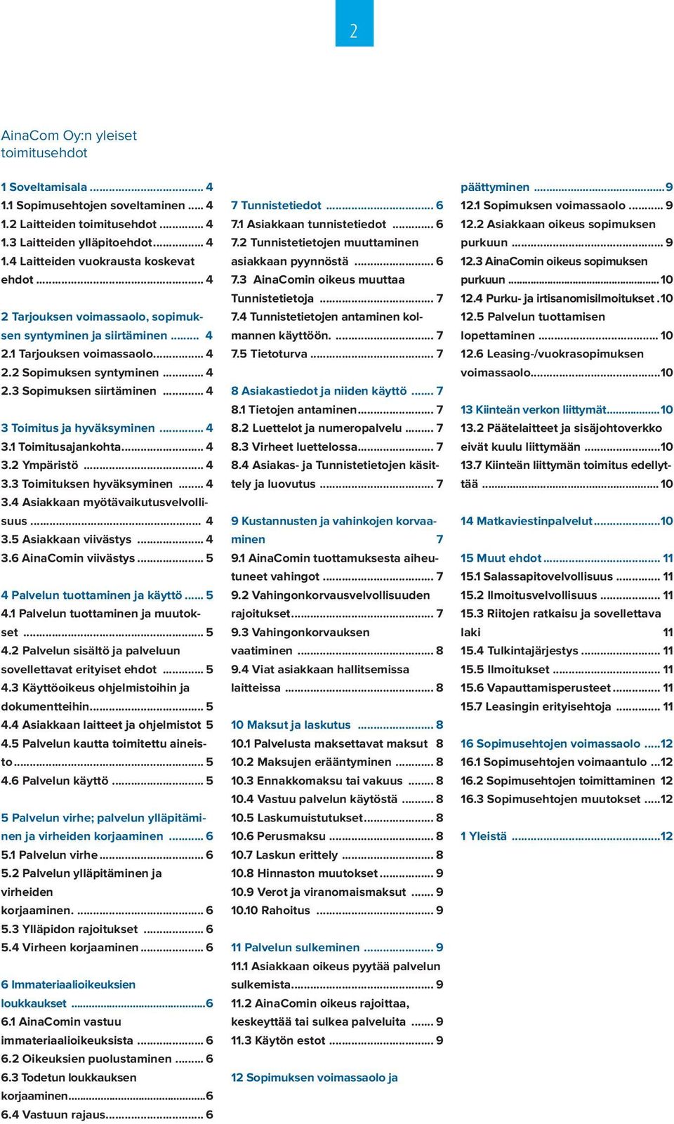 .. 4 3.2 Ympäristö... 4 3.3 Toimituksen hyväksyminen... 4 3.4 Asiakkaan myötävaikutusvelvollisuus...4 3.5 Asiakkaan viivästys... 4 3.6 AinaComin viivästys... 5 4 Palvelun tuottaminen ja käyttö... 5 4.1 Palvelun tuottaminen ja muutokset.